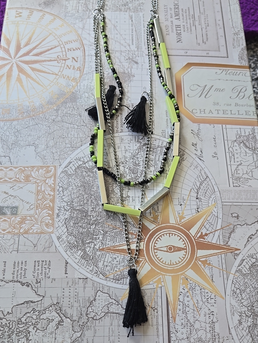 Layered Neon Green and Black Tassel Necklace